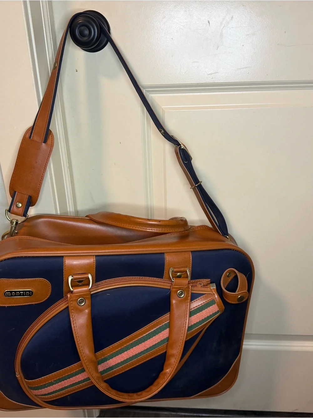 Vintage Montini bag w/Raquet Holder Bag Holder Case Navy Blue Canvas, Leather